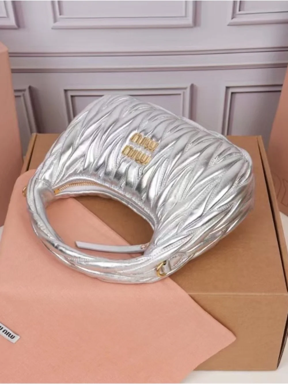 Miu Miu Silver Quilted Shoulder Bag with Gold Logo